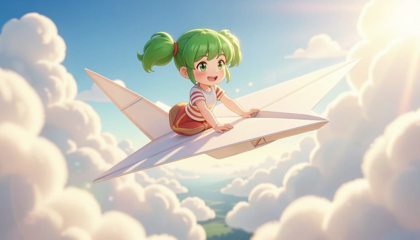 Tallulah riding her paper airplane